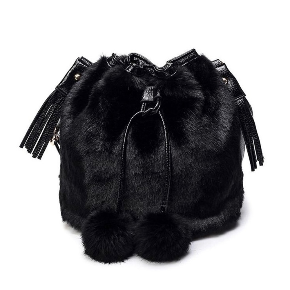 Womens Solid Faux Fur Bucket Bag